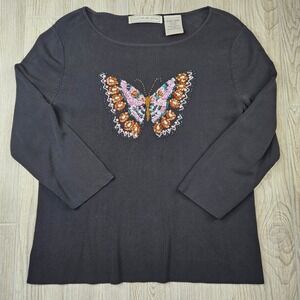 Lucia Burns Embellished Butterfly Sweater Black Extra Large Ribbed Beaded Sequin